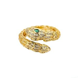 Gold-Tone Double Snake Ring with Green Accent
